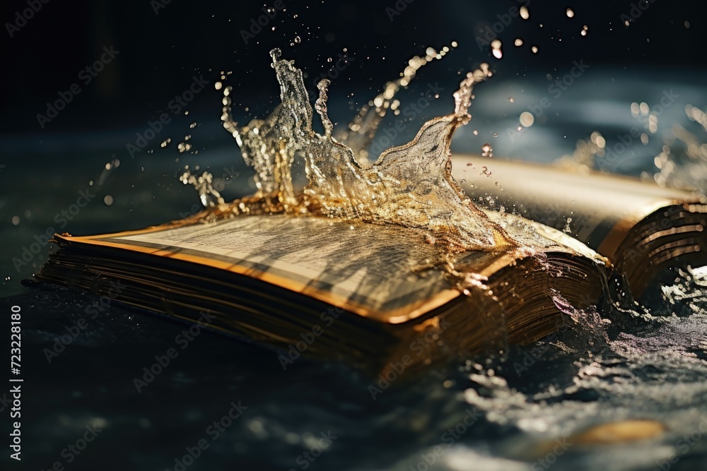 Poster An open book with a splash of water on top. Perfect for illustrating concepts of knowledge, learning, or creativity.