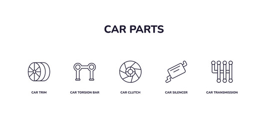 editable outline icons set. thin line icons from car parts collection. linear icons included car trim, car torsion bar, clutch, silencer, transmission