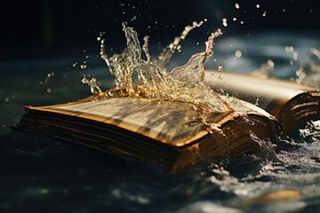 An open book with a splash of water on top. Perfect for illustrating concepts of knowledge, learning, or creativity.