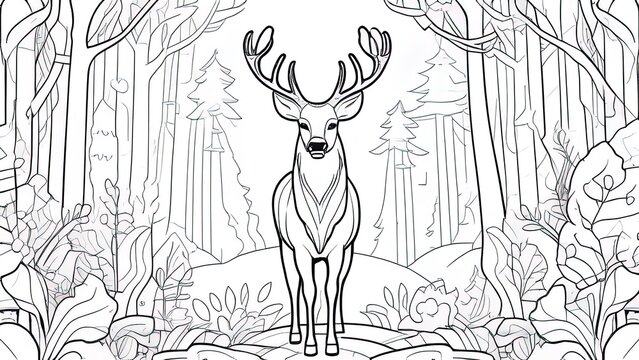 Children coloring book deer in nature tree. Sketch for anti-stress colouring book in zen-tangle style. Vector picture