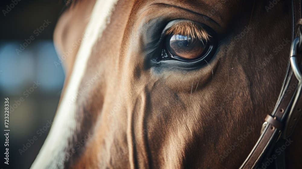 Poster a close-up view of a horse's eye with a bridle. this image can be used to depict the beauty and eleg