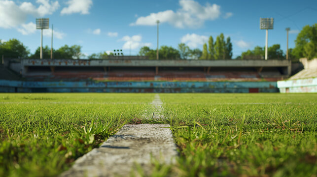 Fototapeta An empty sports stadium with overgrown grass and fading paint.