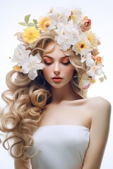 A woman with flowers in her hair, perfect for nature-themed designs or bohemian-inspired projects