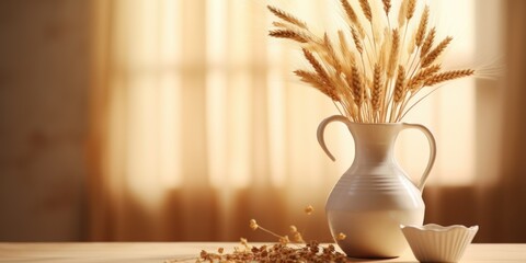 A white vase holding a bunch of wheat, suitable for rustic or farmhouse-themed designs