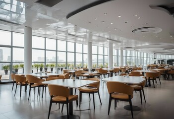 Empty white chair and table in cafeteria of shopping mall Air duct air conditioner pipe and fire spr