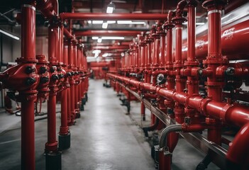 Main supply water piping in the fire extinguishing system Fire sprinkler system with red pipes Fire