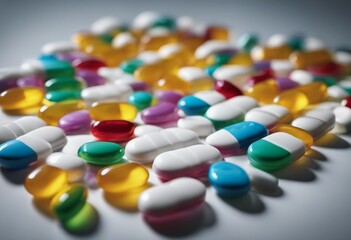 Many of colorful pills in blister packs in a row isolated on white background with copy space Pharma - obrazy, fototapety, plakaty