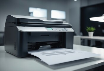 Office worker print paper on multifunction laser printer Copy print scan and fax machine in office M