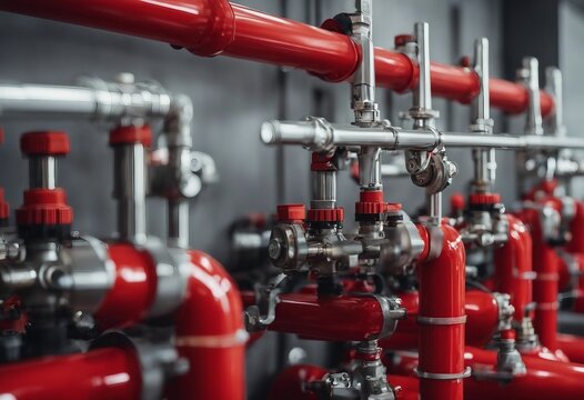 Main supply water piping in the fire extinguishing system Fire sprinkler system with red pipes Fire