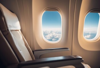 Plane window with white sunlight Empty plastic airplane tray table at seat back Economy class airpla