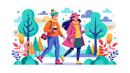 Happy friends walking in a winter park, colorful vector illustration