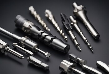 Special tools isolated on dark background Made to order special tools Coated step drill and reamer d - obrazy, fototapety, plakaty