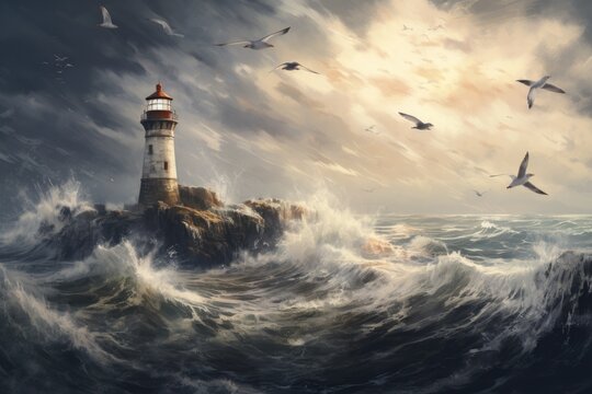A painting of a lighthouse with seagulls flying around. Perfect for coastal-themed designs and illustrations