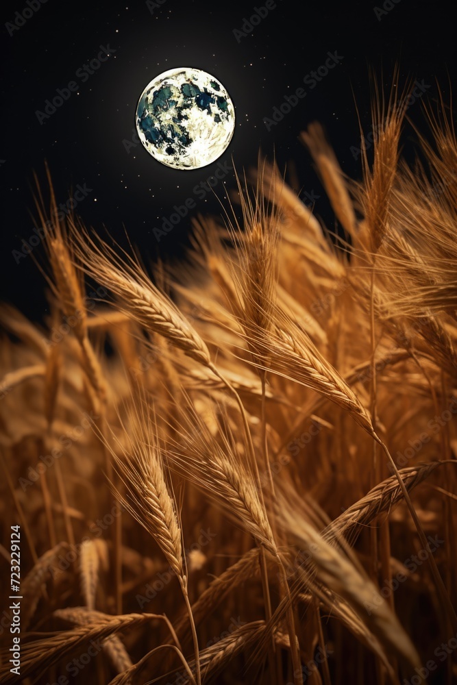 Poster a picturesque scene of a field of wheat with a full moon in the background. perfect for nature and l