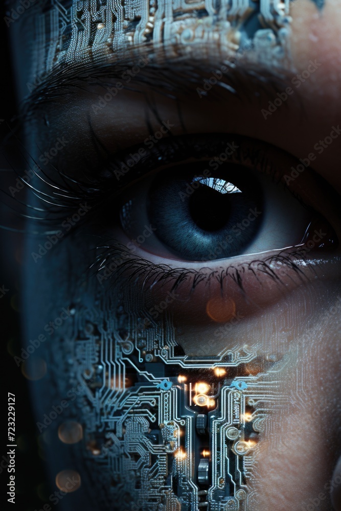 Poster A close up view of a person's eye with a circuit on it. This image can be used to represent technology, cyborgs, artificial intelligence, or futuristic concepts
