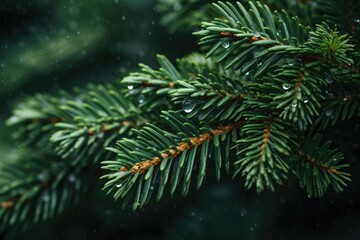 A detailed view of a pine tree branch with raindrops. This image can be used to depict nature, rainy weather, or the beauty of plants in wet conditions