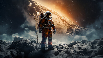 An astronaut in a light spacesuit stands on the surface of a dark unknown planet, space background, stars and planets - obrazy, fototapety, plakaty
