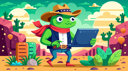 Fototapeta premium Cartoon frog explorer in western desert holding map illustration