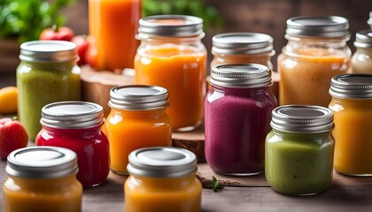 Colorful baby food purees in glass jars
