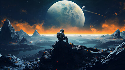 An astronaut in a light spacesuit sits on the surface of a dark unknown planet, space background, stars and planets - obrazy, fototapety, plakaty