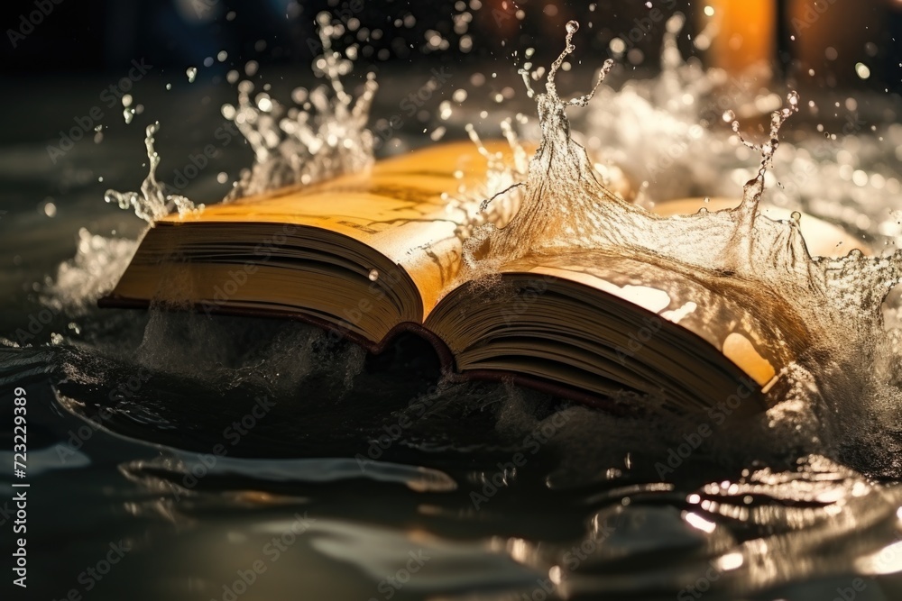 Aufkleber an open book with water splashing on its pages. perfect for educational or inspirational concepts