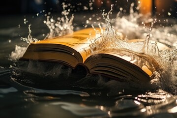 An open book with water splashing on its pages. Perfect for educational or inspirational concepts