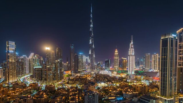 Day to night, zoom out timelapse view of Downtown Dubai, United Arab Emirates (UAE).