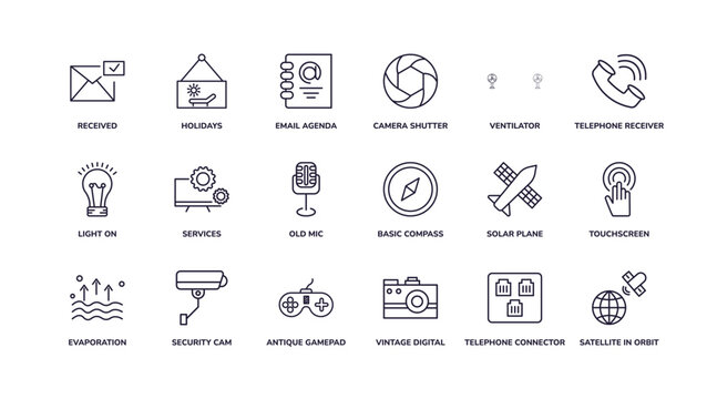 editable outline icons set. thin line icons from technology collection. linear icons such as received, camera shutter, old mic, evaporation, vintage digital camera, satellite in orbit