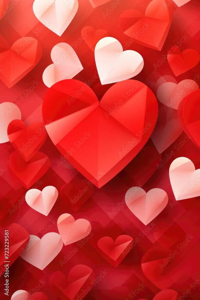 Poster a collection of red and white hearts on a vibrant red background. ideal for expressing love and affe