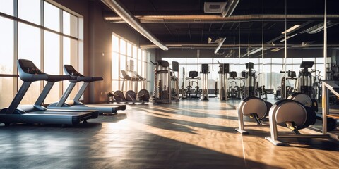 A picture of a well-equipped gym with treadmills, exercise machines, and large windows. Perfect for...