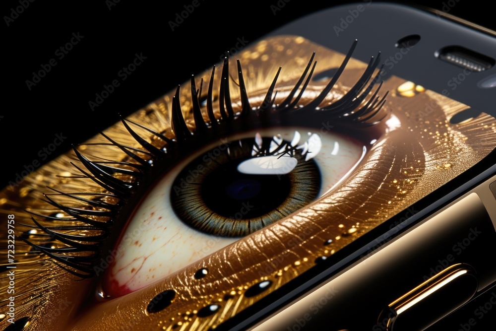 Poster eye close-up captured on a cell phone. ideal for technology-related projects