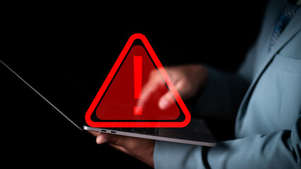 System warning hacked alert, cyber attack on computer network. Cybersecurity vulnerability, data...