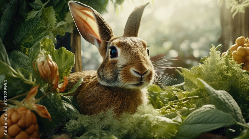 Poster A rabbit calmly sitting in the middle of a garden. This picture can be used to represent tranquility and nature