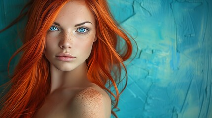 Striking redhead with blue eyes and freckles on pastel background for advertising