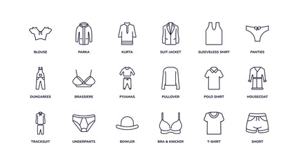 editable outline icons set. thin line icons from clothes collection. linear icons such as blouse, suit jacket, pyjamas, tracksuit, bra & knicker, short