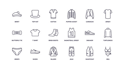 editable outline icons set. thin line icons from clothes collection. linear icons such as beret, puffer jacket, brisk boots, briefs, jean, bra - obrazy, fototapety, plakaty