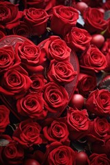 A bunch of red roses beautifully arranged in a heart shaped box. Perfect for romantic occasions or expressing love