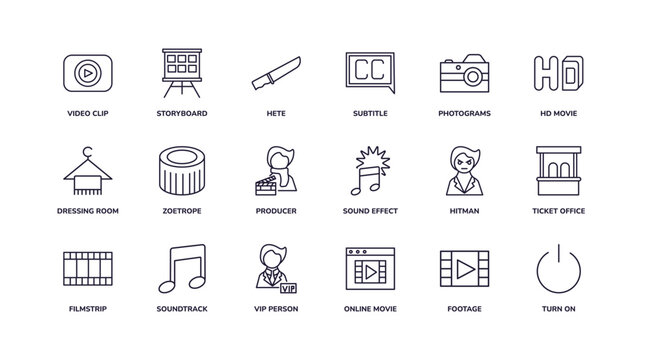 editable outline icons set. thin line icons from cinema collection. linear icons such as video clip, subtitle, producer, filmstrip, online movie, turn on