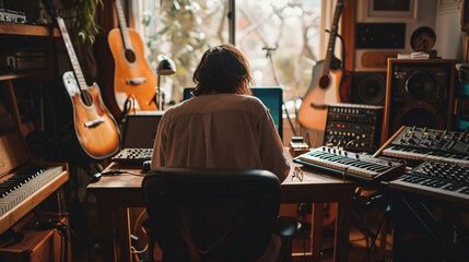 An indie musician writing songs in a cozy home studio surrounded by various instruments and recording equipment.