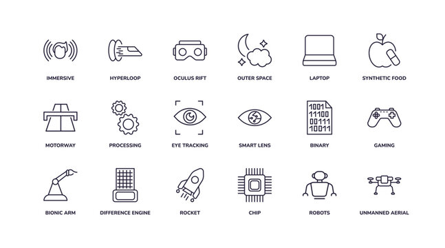 editable outline icons set. thin line icons from artificial intellegence collection. linear icons such as immersive, outer space, eye tracking, bionic arm, chip, unmanned aerial vehicle