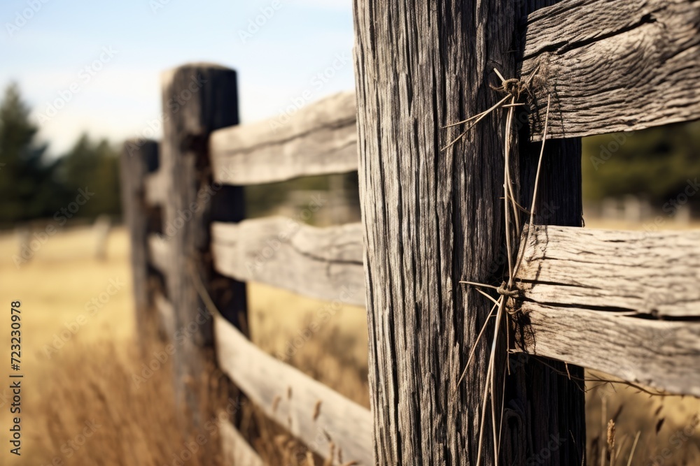 Poster a close-up shot of a wooden fence in a field. this image can be used to depict rustic landscapes or 