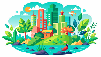 Fototapeta na wymiar Colorful eco city landscape with buildings, nature and water
