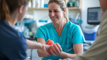 An occupational therapist assisting a patient with hand exercises in a clinic.