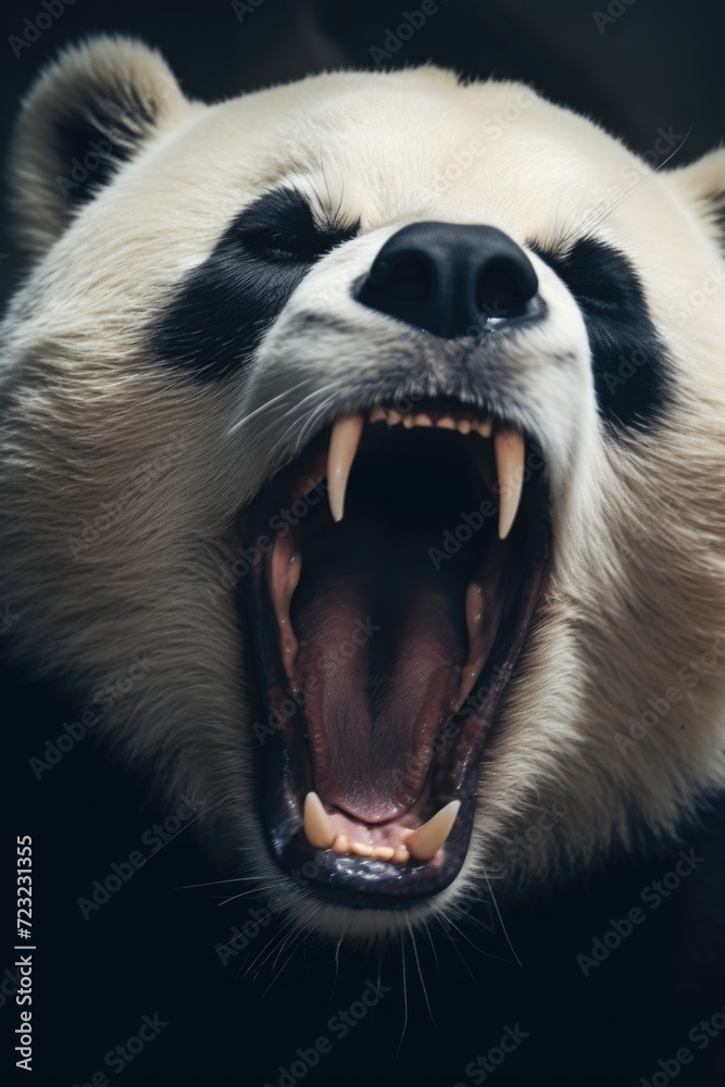 Poster A detailed shot of a panda bear showing its mouth wide open. This image can be used to depict the unique features of a panda or to convey expressions such as surprise or hunger