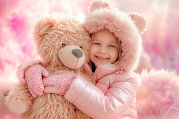 Adorable Child in Pink Hooded Jacket Hugging Teddy Bear in Snowy Weather