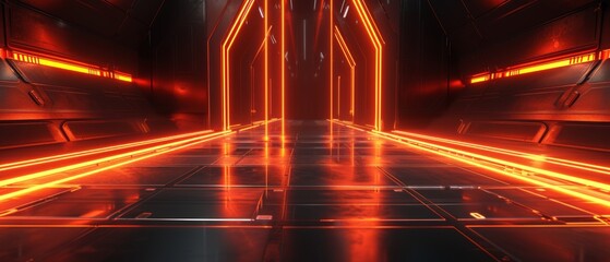 Futuristic studio space with an obsidian black abstract floor, glowing with neon outlines, crafting a sophisticated, tech-inspired environment