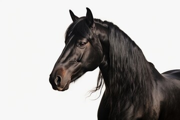 Obraz na płótnie Canvas A black horse with long hair standing in front of a white background. Suitable for various uses