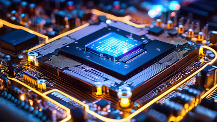 Fototapeta na wymiar generative ai computer motherboard hardware processor chips. high-tech motherboard