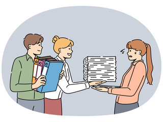 Smiling employees give stacks of paperwork to stressed subordinate. Happy workers pass pile of papers and documents to shocked colleague. Workload. Vector illustration.