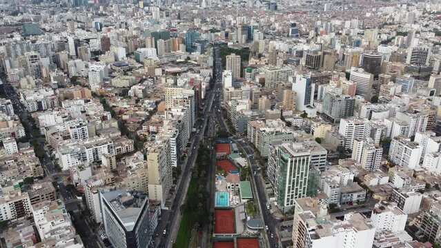 Panoramic view of Miraflores in Lima - Peru. Aerial drone flies above view in high resolution 4k